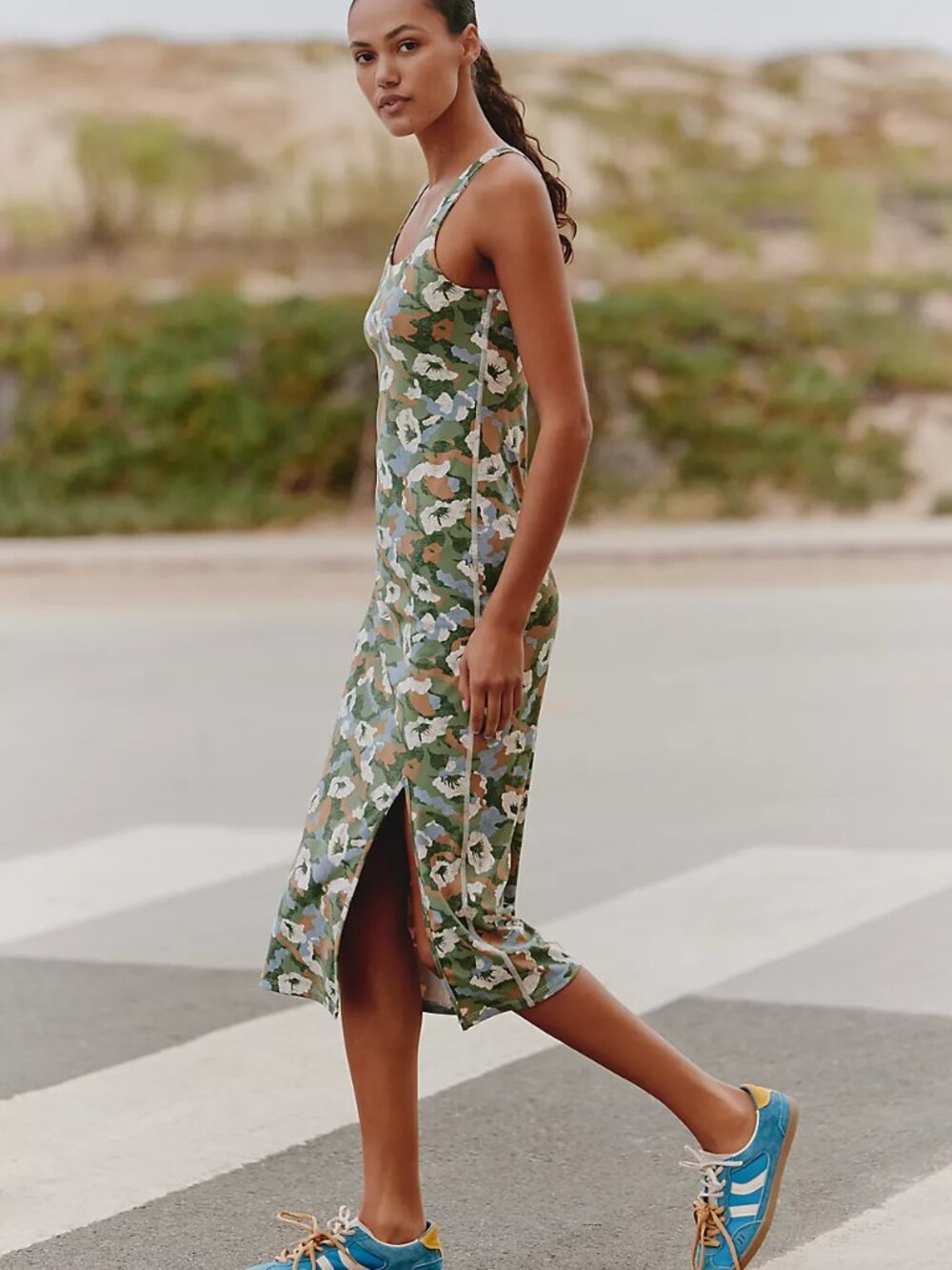 ANTHROPOLOGIE Daily Practice Square-Neck Midi Dress in Waypoint, Size Large